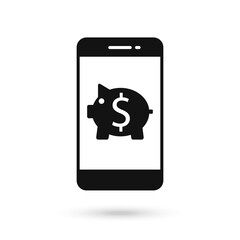 Mobile phone flat design icon with Piggy bank sign.