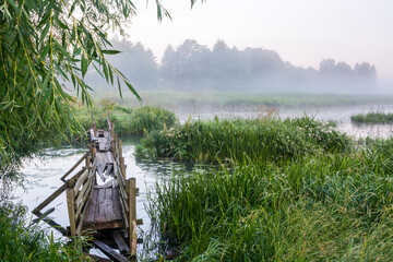 Morning landscape of a ruined wooden bridge across the river in the fog.