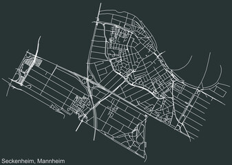 Detailed navigation urban street roads map on vintage beige background of the quarter Seckenheim district of the German regional capital city of Mannheim, Germany