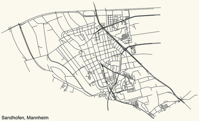 Detailed navigation urban street roads map on vintage beige background of the quarter Sandhofen district of the German regional capital city of Mannheim, Germany