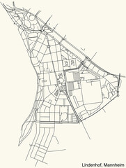 Detailed navigation urban street roads map on vintage beige background of the quarter Lindenhof district of the German regional capital city of Mannheim, Germany