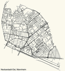 Detailed navigation urban street roads map on vintage beige background of the quarter Neckarstadt-Ost district of the German regional capital city of Mannheim, Germany