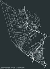 Detailed navigation urban street roads map on vintage beige background of the quarter Neckarstadt-West district of the German regional capital city of Mannheim, Germany