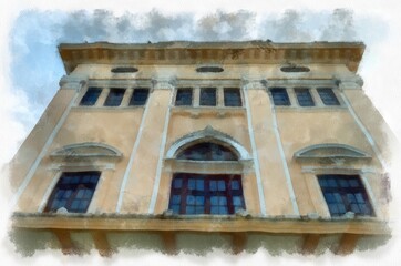 Obraz premium ancient building european architecture watercolor style illustration impressionist painting.