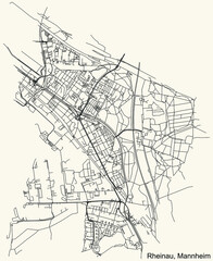 Detailed navigation urban street roads map on vintage beige background of the quarter Rheinau district of the German regional capital city of Mannheim, Germany