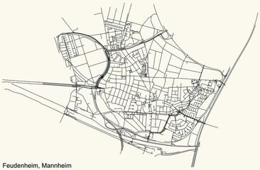 Detailed navigation urban street roads map on vintage beige background of the quarter Feudenheim district of the German regional capital city of Mannheim, Germany