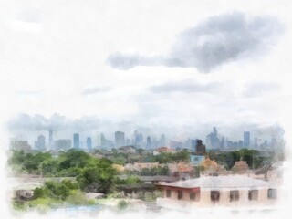 Obraz premium landscape of buildings in the city watercolor style illustration impressionist painting.