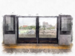 train station door watercolor style illustration impressionist painting.