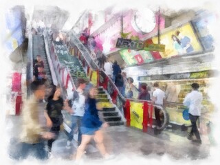Passengers on the stairs of a train station watercolor style illustration impressionist painting.