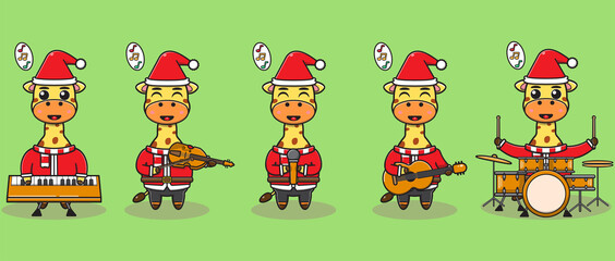 Vector illustration of Cute Giraffe Santa Claus play a musical instrument. Good for icon, label, sticker, clipart.