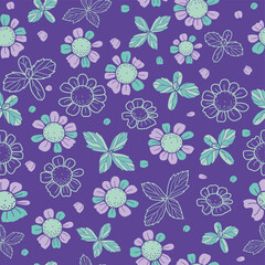Vector textured painted flower seamless pattern background with hand-drawn elements