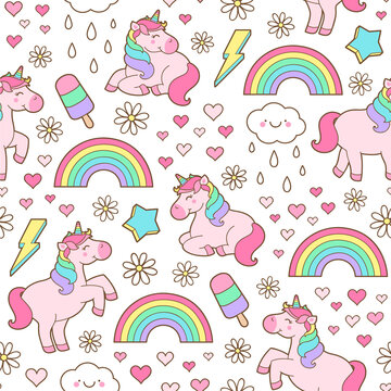 Cute unicorn, rainbow, cloud, rain, heart and flower seamless pattern background.