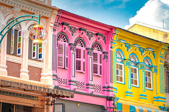 Baba-Yaya Peranakan Heritage Buildings with Sino-Portuguese Architecture in Phuket Old Town, Thailand