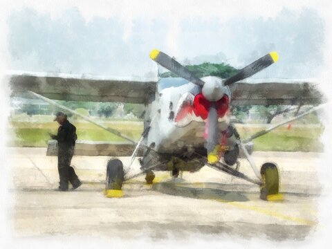 Propeller plane parked at the airport watercolor style illustration impressionist painting.
