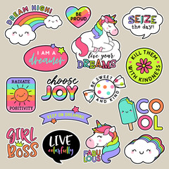Set of fashion patches, cute colorful badges, inspirational quotes, fun cartoon icons design vector.