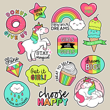 Set of fashion patches, cute colorful badges, inspirational quotes, fun cartoon icons design vector