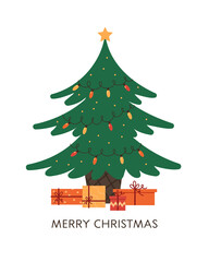 Christmas tree with gifts. Merry Christmas lettering. Flat illustration for design of postcard, banner, web.