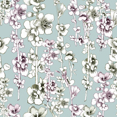 White wildflowers pencildrawing on light gree background seamless pattern for all prints.