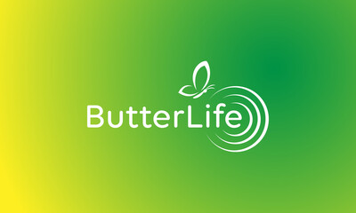 vector graphic illustration logo design for typography combination butterfly and life, with ripple water on it and fresh green yellow gradation color background.