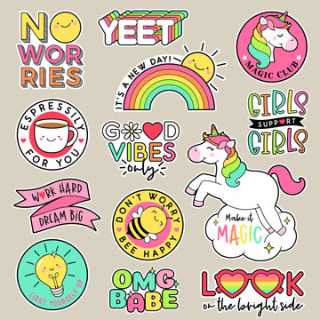 Set of fashion patches, cute colorful badges, inspirational quotes, fun cartoon icons design vector.