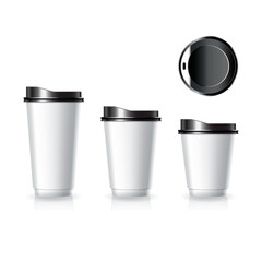 Blank white paper-plastic coffee-tea cup with top view black lid in large-medium-small size mockup template.