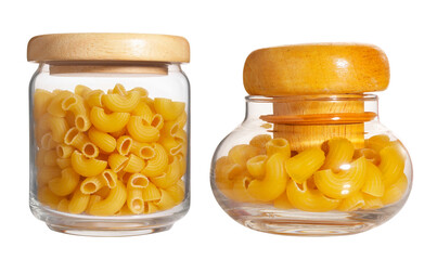 macaroni in glass bottle on white background