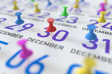 December 30 date and push pin on a calendar, 3D rendering