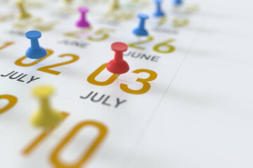 July 3 date and push pin on a calendar, 3D rendering