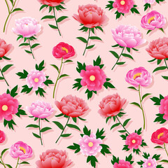 pink rose peony seamless pattern. red pink vintage roses and peonies and green leaves in summer spring autumn garden with for fabric, textile, paper, dress, kimono, pajamas, stationary, etc.