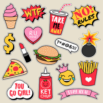 Set of fashion patches, cute colorful badges, fun cartoon fast foods icons design vector.

