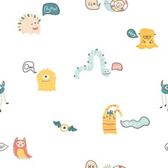 Monster Halloween seamless pattern. Cute cartoon characters in simple hand-drawn Scandinavian style. Vector childish funny doodle illustration. Baby clothes, textiles, fabric, wallpaper, paper.