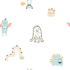 Monster Halloween seamless pattern. Cute cartoon characters in simple hand-drawn Scandinavian style. Vector childish funny doodle illustration. Baby clothes, textiles, fabric, wallpaper, paper.