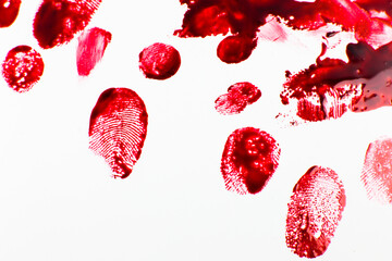 Red Bloody fingerprints on the white background. Horror and crime scene concept. Halloween postcard. - obrazy, fototapety, plakaty