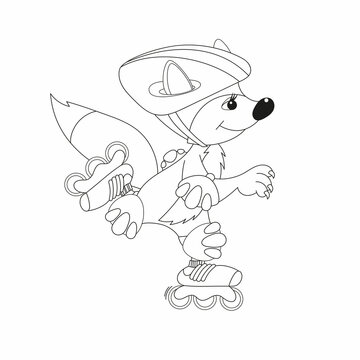 Coloring page. Cartoon fox on roller skates. Vector illustration for kids and children.