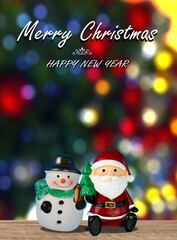 Cute Santa and Snowman with colorful bokeh background for Christmas home decoration, religion concept,  Christmas card design.