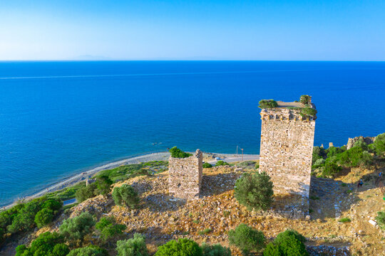 Ruins of the Temple of the Great Gods and medieval towers at Paleopolis in Samothraki island,Greece.