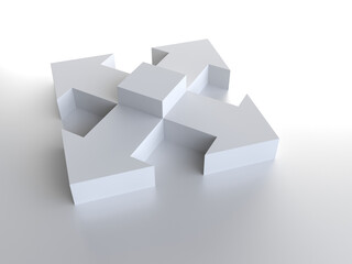 Volumetric white arrows directed in four directions. Difficulties of choice.