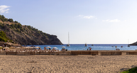 Cala Llonga with turquoise water, Ibiza island, Balearic Islands, Spain, popular with tourists