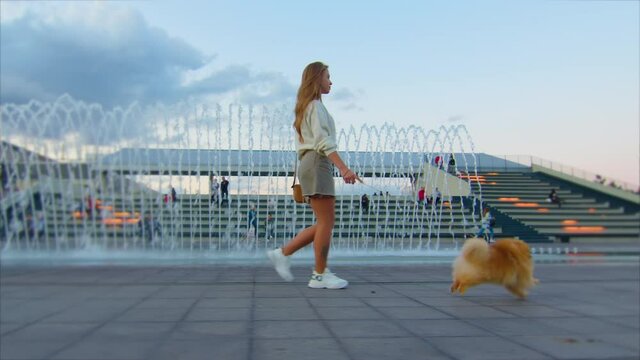 Adorable young girl walking with her cute dog shpitz in warm sunny day, slow-motion.