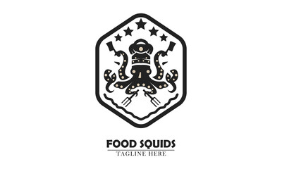 squid holding knife and fork in hexagon outline logo icon element