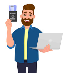 Hipster young man showing passport with tickets and new laptop computer. Trendy bearded person holding a boarding pass and modern PC in hand. Male character design illustration in vector cartoon style