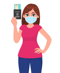 Young woman in medical face mask, showing passport and tickets. Girl holding boarding pass or visa. Female character. Corona virus epidemic outbreak. Modern lifestyle. Cartoon illustration in vector.