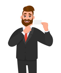 Stylish young bearded businessman showing blank business card. Trendy person pointing empty visiting card for mock up copy space template. Male character design illustration in vector cartoon style