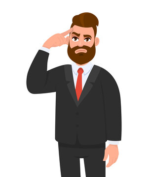 Trendy young businessman holding or touching finger on forehead. Thoughtful bearded person thinking and looking up. Hipster male character illustration. Modern lifestyle concept in vector cartoon.