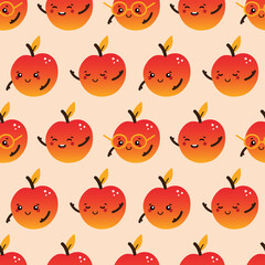 Cute and smiling cartoon style orange red apple characters vector seamless pattern background for food and nature design.
