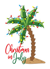 Christmas in July - Palm tree decorated with Christmas lights garland,  isolated on white background. Good for greeting card, poster, banner textile print, and other gifts design.