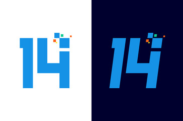 Number 14 digital logo design with pixel