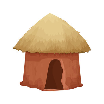 African hut with straw roof and clay wall house in cartoon style isolated on white background. Tribal, rural desert building.