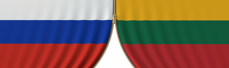 Russia and Lithuania cooperation or conflict, flags and closing or opening zipper between them. Conceptual 3D rendering