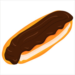 Cartoon illustration with eclair in chocolate glaze . Vector hand drawn graphic. Single food isolated art.